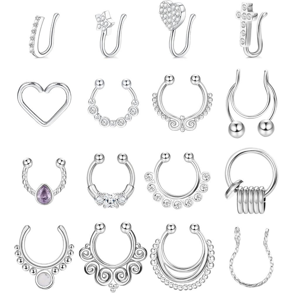 Image of 16pcs Stainless Steel Fake Nose Rings Septum Ring Lip Ear Non-piercing Clip-on Hoop Body Jewelry