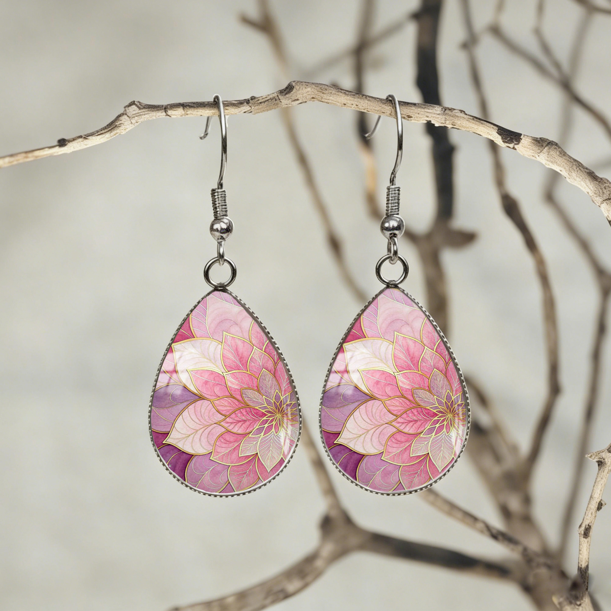 TEMU Watercolor Pink Floral Teardrop Earrings, Glass & Stainless Steel Unisex Dangle Earrings, Ideal Birthdayanniversary Gift For Girlfriendwife,
