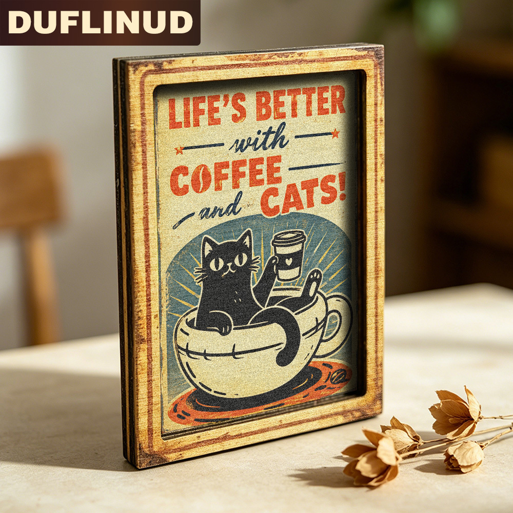 TEMU Aimant de réfrigérateur Chat Café Rétro, Mini Plaque Décorative avec Amusant dans un Tasse à Café, Texte " Est Meilleure avec et ", Aimant de