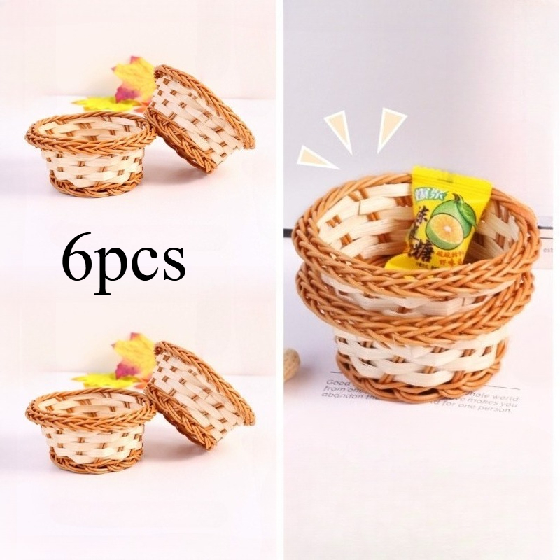 Image of 6pcs Mini Bamboo Baskets - Bohemian Bamboo Wicker Baskets With Round & Oval Shapes Suitable For Home Decor, Wedding Favors, Easter Basket Fillers, Rustic Storage - Texture, Durable &, Shelf Baskets
