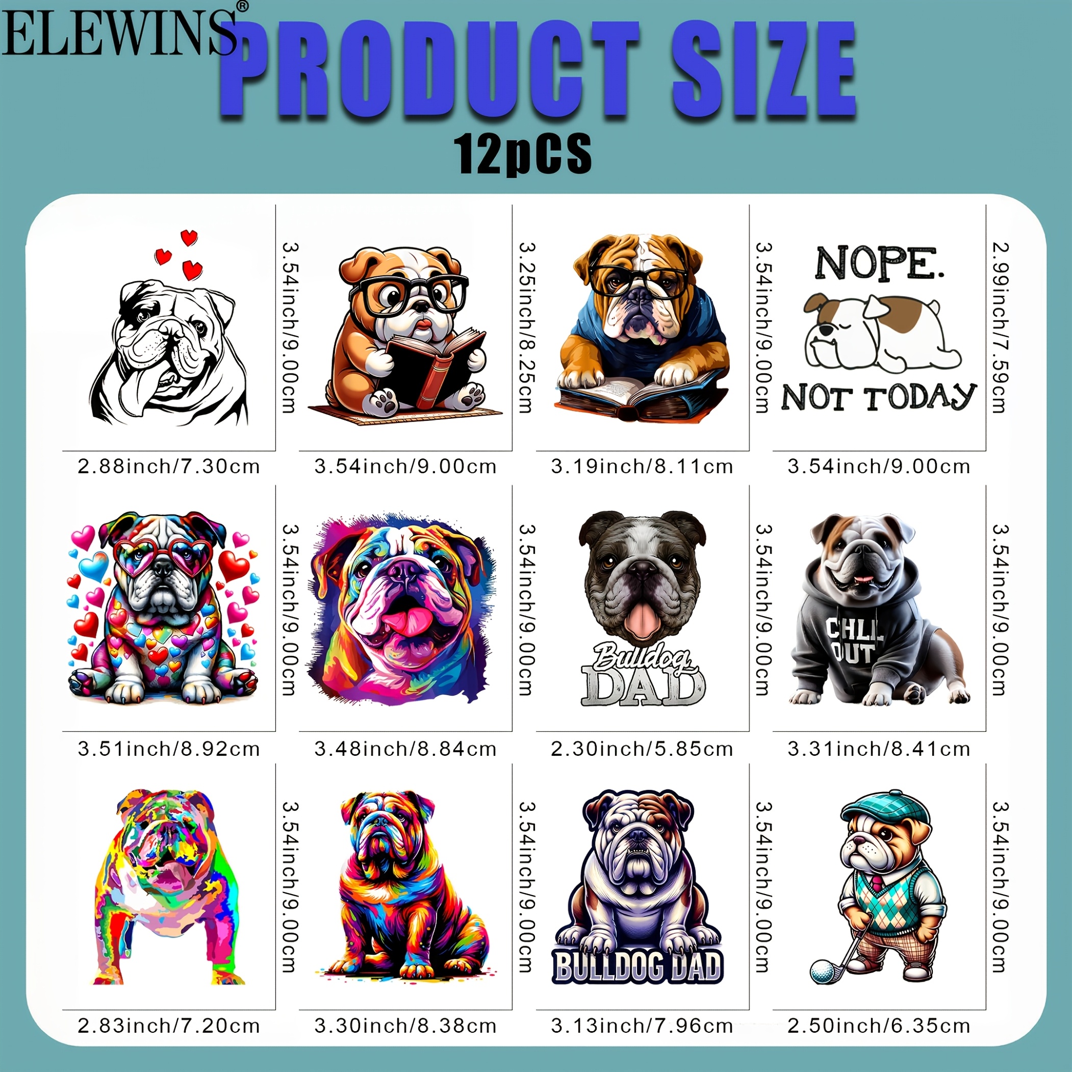 TEMU 12-pack British Bulldog Heat Transfer Stickers - Suitable For T-shirts, Jackets, Hats - Diy Fashion Apparel Dtf Transfer Decals, Vibrant Print