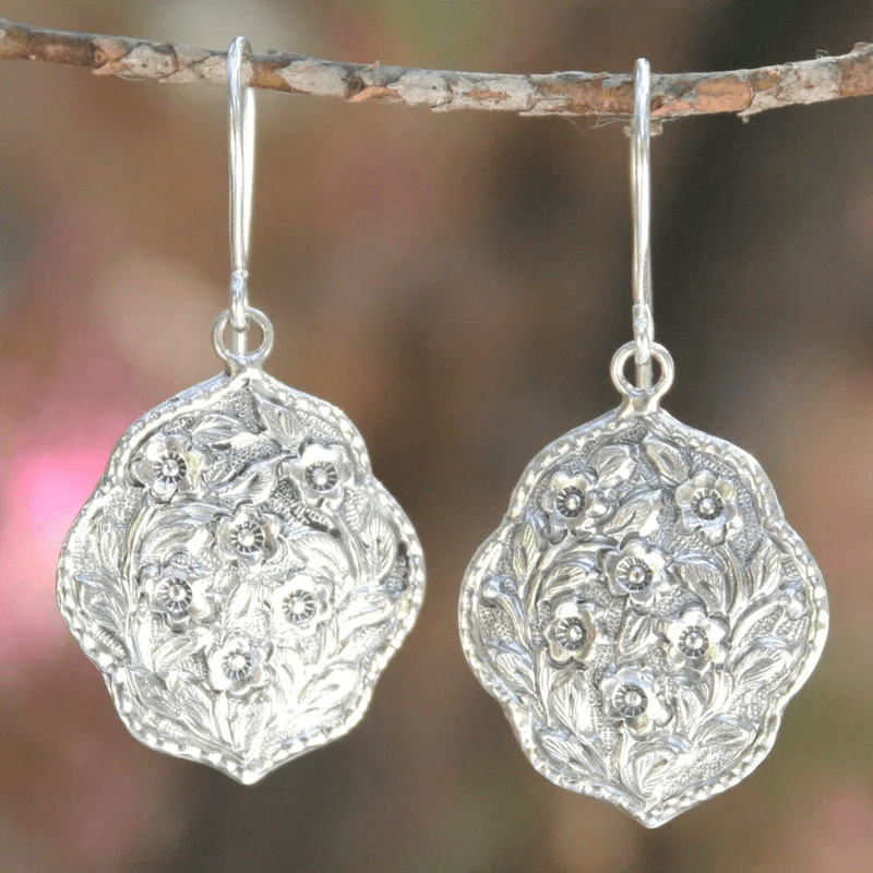 Women's Retro Distressed Floral Embossed Pendant Earrings