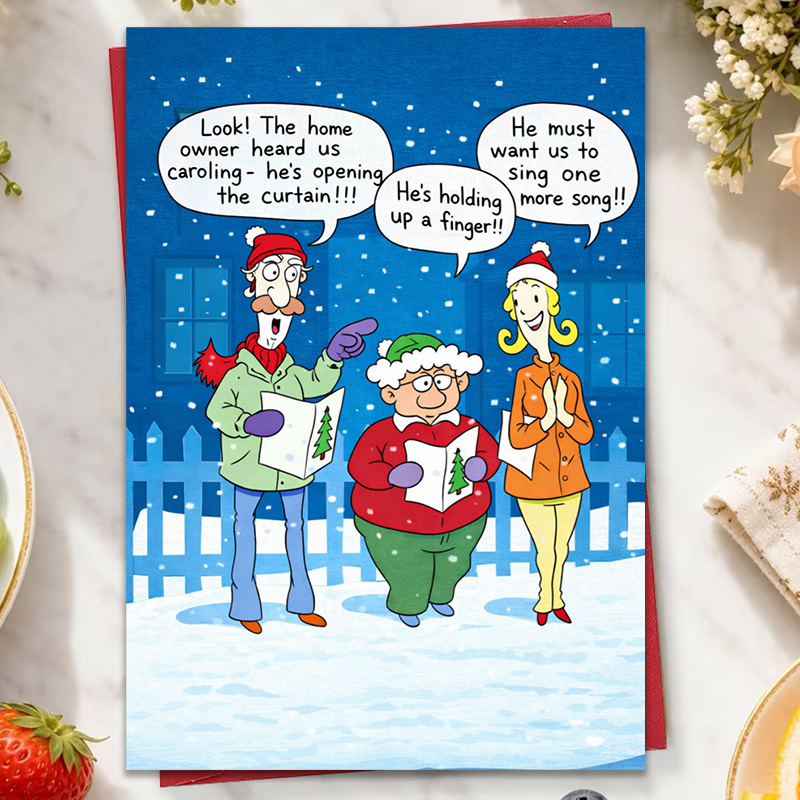 TEMU 1 Carte de Noël Amusante – Motif de Comique avec Trois Chantant des Chants de Noël dans , Idéale pour un Cadeau de Noël Humoristique à Offrir à