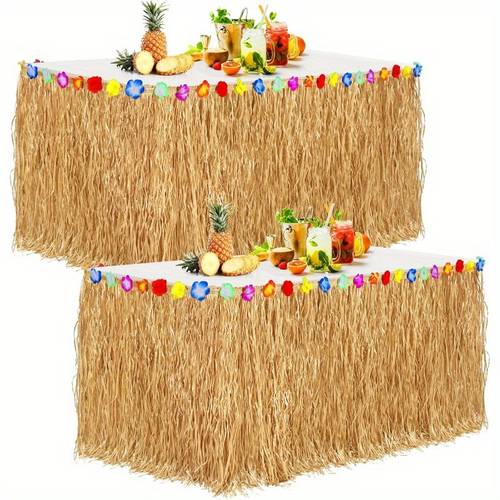 2pcs Thickened Grass Table Skirts with Hibiscus Flowers - Hawaiian Luau Tropical Party Decor, Straw Yellow Fringe for Tiki, Moana Birthday Celebrations, Festive Table Skirt | Tropical Party Accessory | Plastic Table Skirt, Hawaiian Party Decorations
