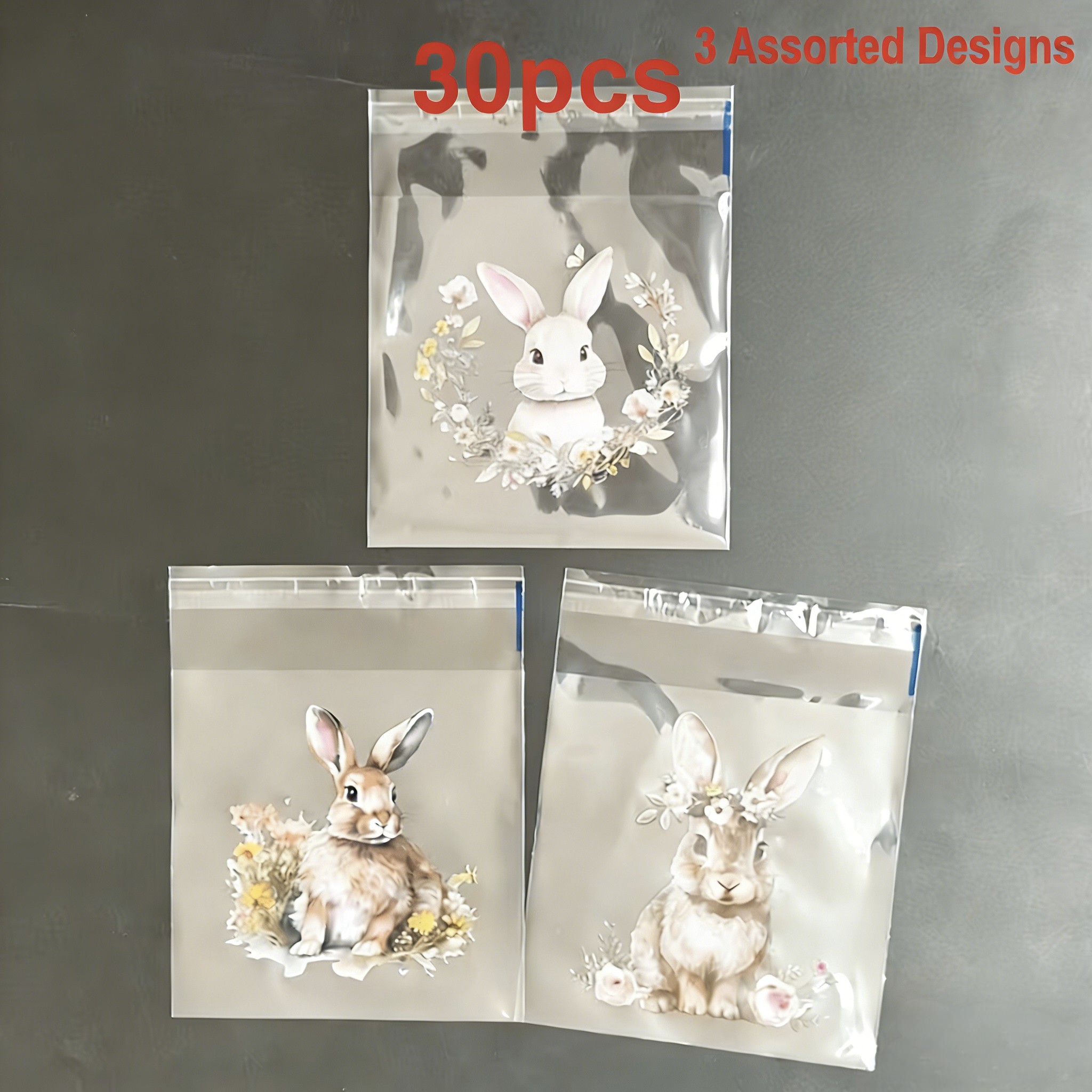 TEMU Confezione da 60/30 sacchetti regalo con motivo a e fiori, assortimento di tre modelli carini, sacchetti trasparenti autoadesivi con coniglietto