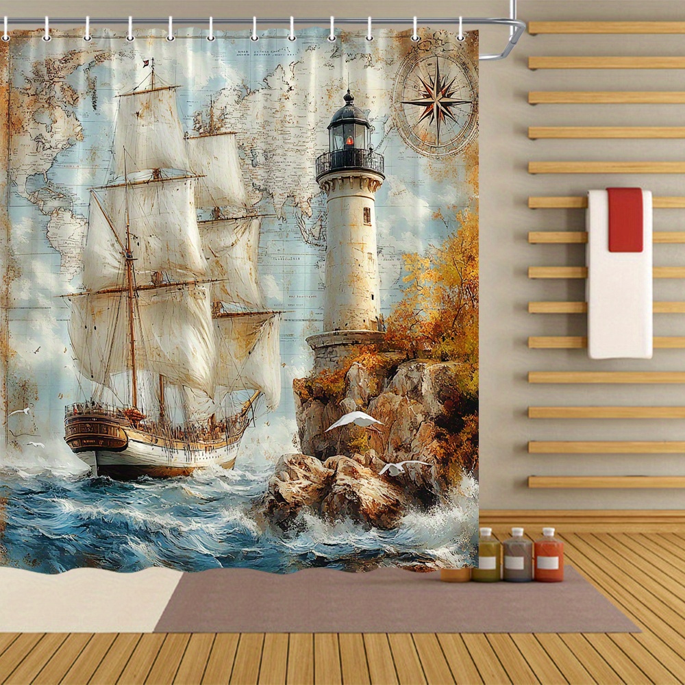 

1pc de Douche à Thème avec Design de Bateau à Vintage & Phare, Polyester , Lavable en Machine, 70x70 Pouces - pour Toutes les