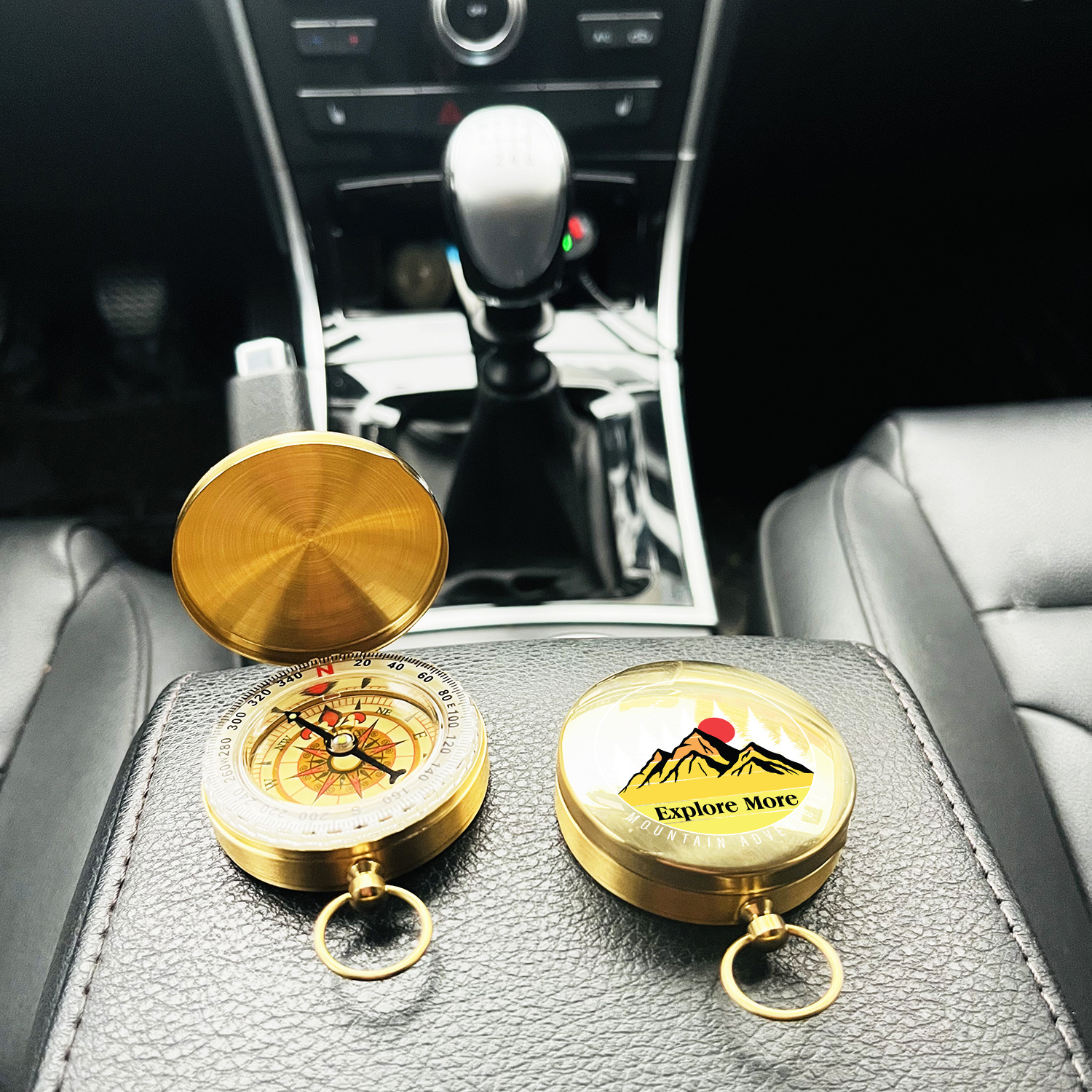 Pocket Compass with Mountain Adventure Print