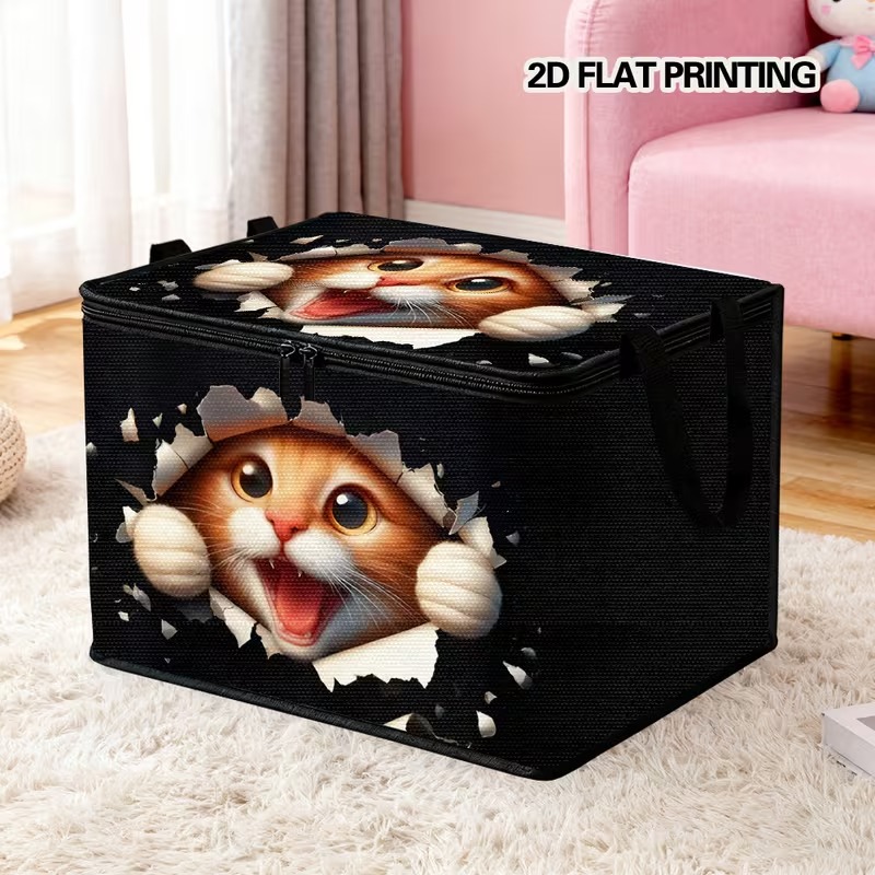 TEMU 1pc, Cartoon Cat Hole- Style Printed Pattern Multi-functional Storage Box, 2d Printing, Multi-functional Foldable Large Capacity Organizer, With