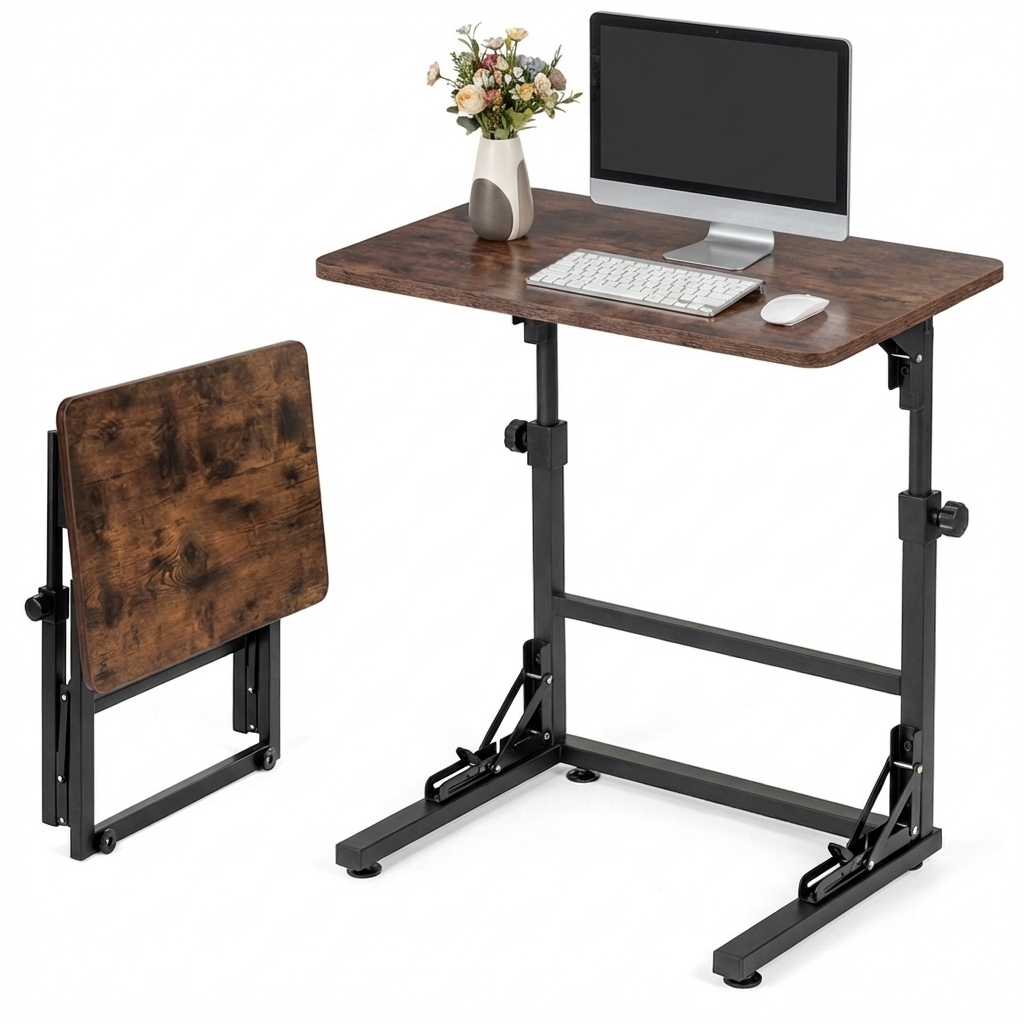 Image of Office Tables Computer , Height Adjustable Side Table With Metal Frame, Foldable Laptop Desk, For Study, Home Office, Rustic Brown