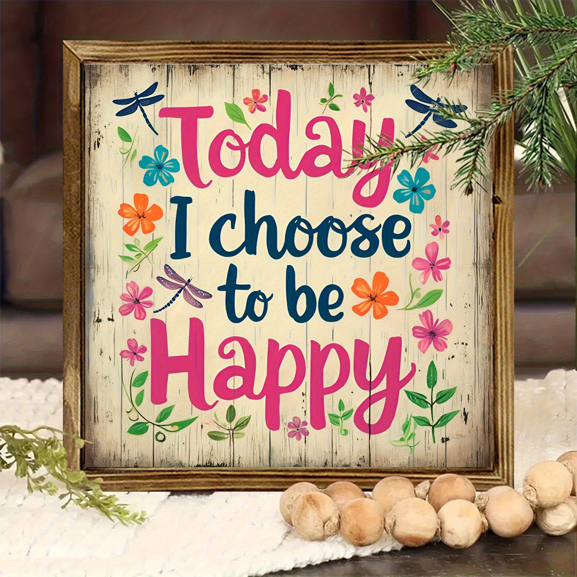 2D Flat - 2D Wall Art Featuring The Phrase 'Today I Choose Happiness' - a Country-Style Decoration with Floral Accents in Pink, Beige, Brown, Or Orange - Made from Reclaimed Wood, Suitable for Home, Office