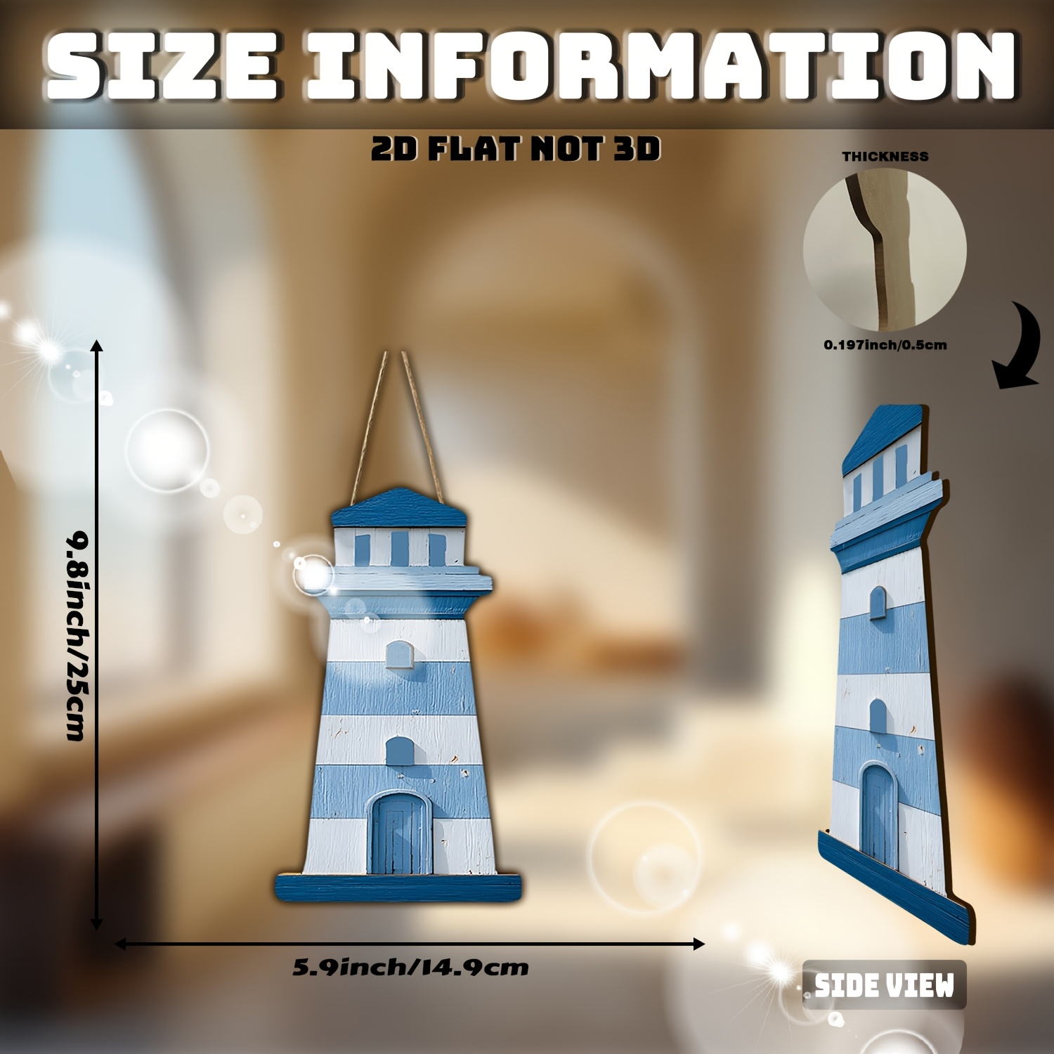 TEMU 2d Flat Mediterranean Style Lighthouse Shaped Wooden Decorative Plaque, Vintage Nautical Style Lighthouse Wall Wooden Ornament, Blue And White