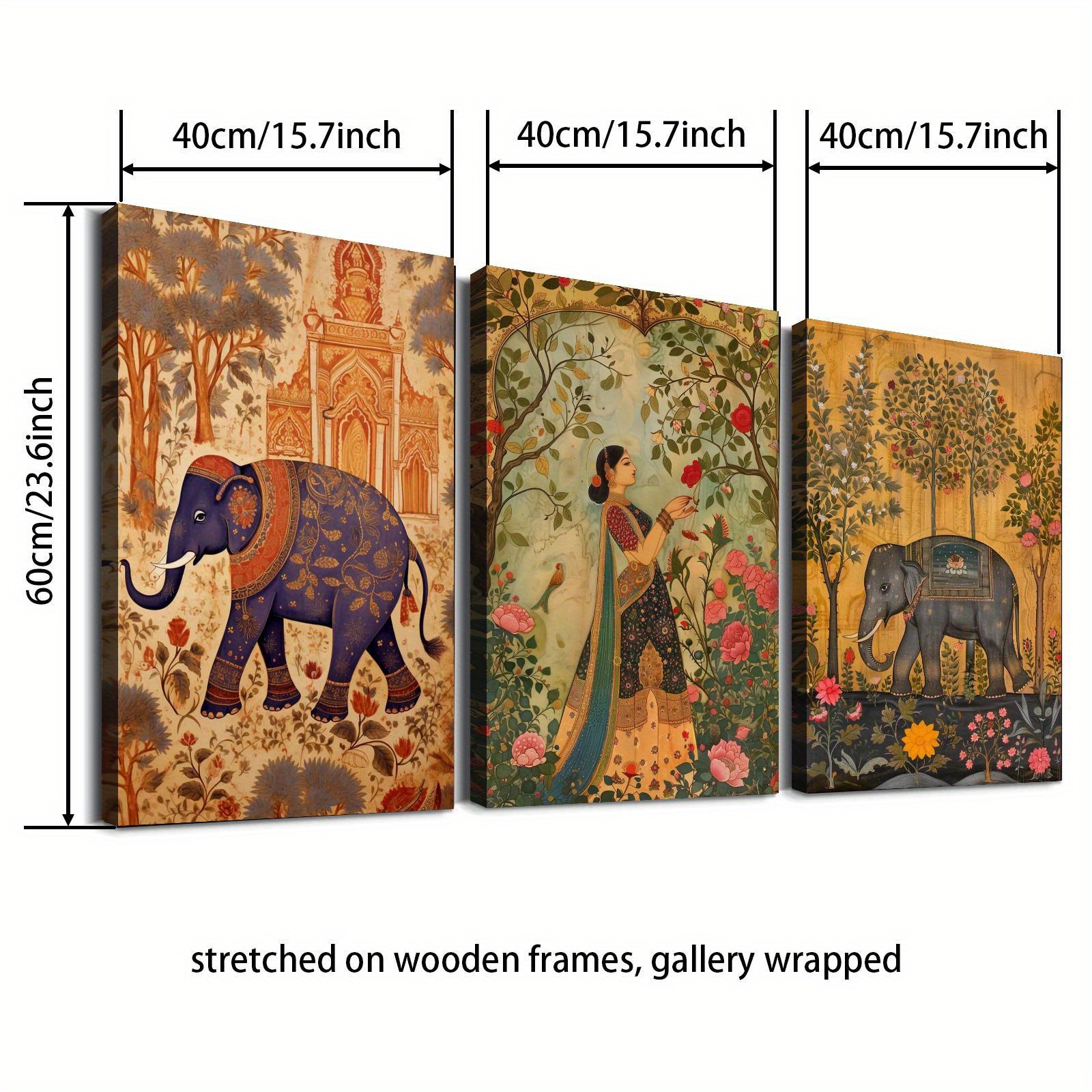 TEMU 2d Flat, 2d/ Flat 3pcs Of Wood Frame Canvas Print Decorative Painting, The Garden | Indian Art Work, Printable Wall Art, Traditional Indian