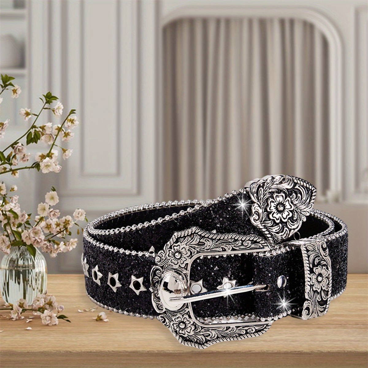 Sparkling Western Cowgirl Belt for Women Floral Carved Waistband  Glitter Belt for Daily Casual Outfits, Sty