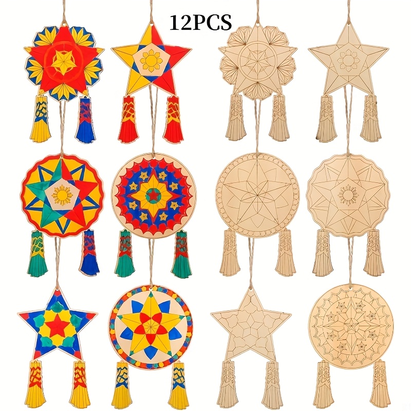 TEMU 12pcs Philippine Christmas Tree Ornaments - Handmade Colorful Wooden Craft Kit With Tails, Traditional Filipino Capiz Decor, Suitable For