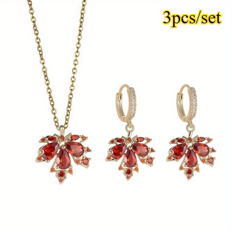 TEMU 3pcs/ Set Women's Necklace Earrings Set Exquisite Leaf Design Shiny Synthetic Zirconia Inlaid Pendant Earrings Bohemian Elegant Style Exquisite Women's Earrings Necklace Jewelry