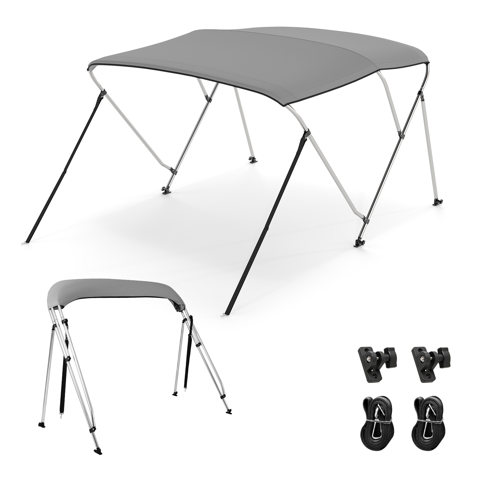   3 bow boat bimini   shade canopy with heavy duty aluminum frame storage boot 3 section foldable design uv resistant 600d oxford fabric fade resistant grey canopy adjustable height width 4 removable poles