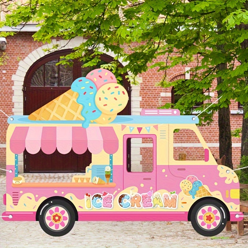 TEMU 1pc Ice Cream Truck Theme Photo Frame, 47*71 Inches - Vibrant Pink And Yellow Dessert Photo Frame With Ice Cream Cone, Perfect For Birthday,