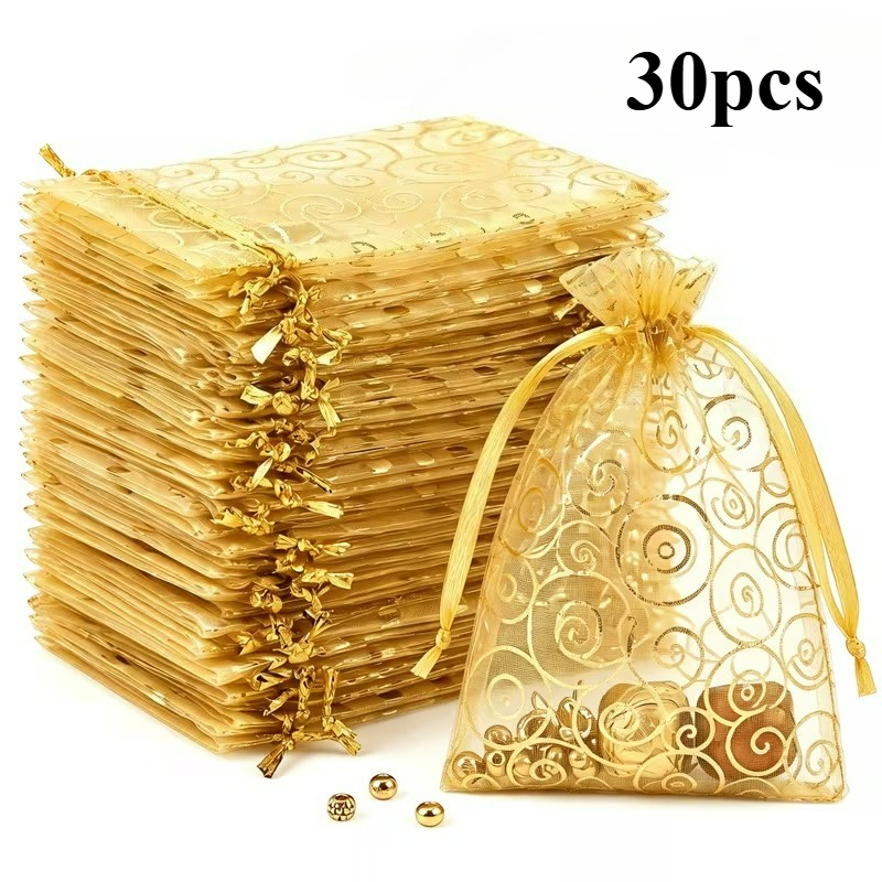 TEMU 30pcs Golden Swirl Print Organza Gift Bags Clear Drawstring Jewelry Pouches Reusable Mesh Mini Favor Bags For Wedding Graduation Holiday Party