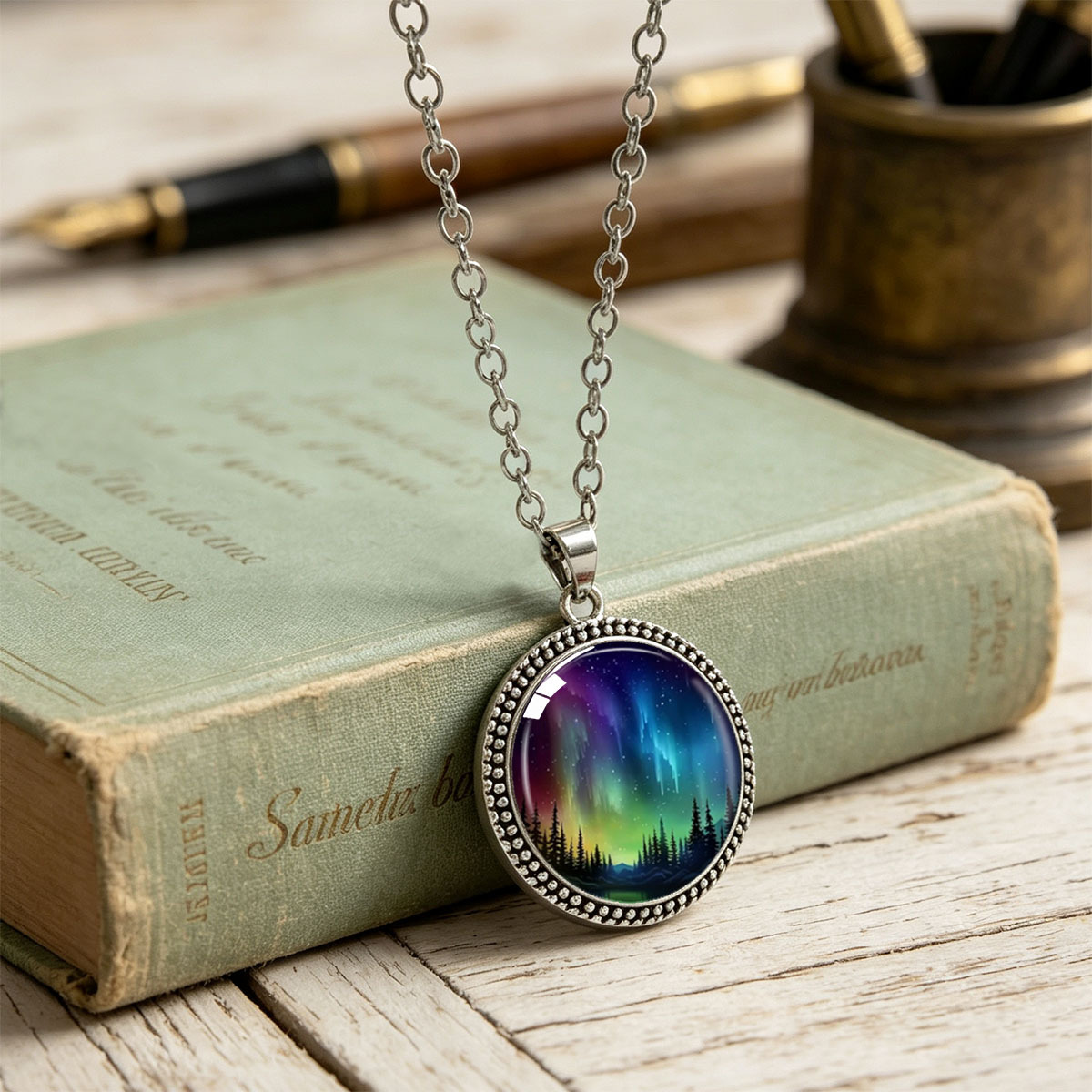Aurora Forest Nightscape Artistic Printed Round Pendant Necklace