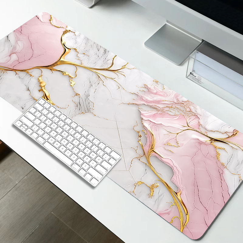 TEMU 1 Large Gaming Mouse Pad With Pink Marble Pattern | Non-slip, Washable Rubber Base, Extra-large Desk Mat, Suitable For Office Decor And Computer