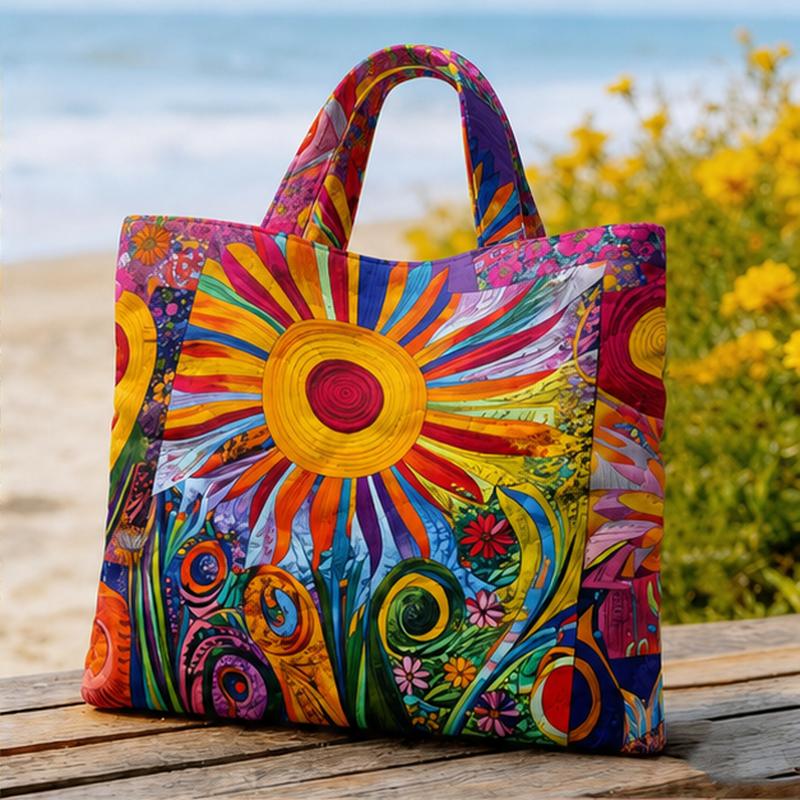Image of 1pc Ethnic Quilted Tote Bag With Colorful Sunflower - Zipper Closure Quilted Beach Bag, Machine Washable Suitable For Everyday Use, For Shopping, Picnic, Travel, Yiwu-made