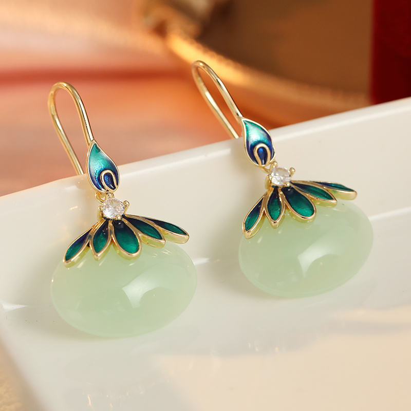 Vintage Drape Earrings with Pale Green Oval Setting