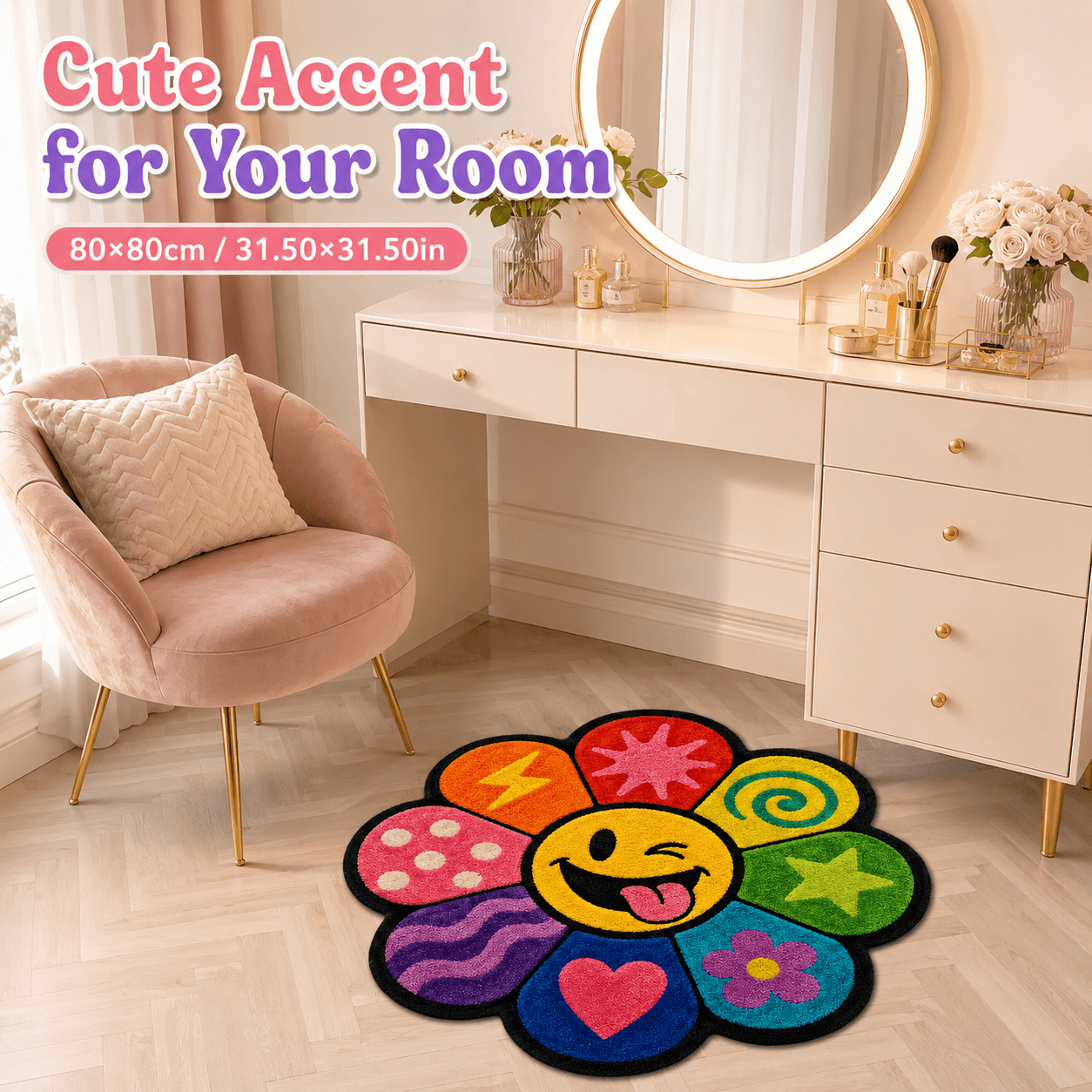 TEMU 1pc 850g/m2 Velvet Doormat With Colorful Face And Flower Pattern, Irregularly Shaped Plush Floor Mat, Thickened, Soft, Non-slip, And Absorbent