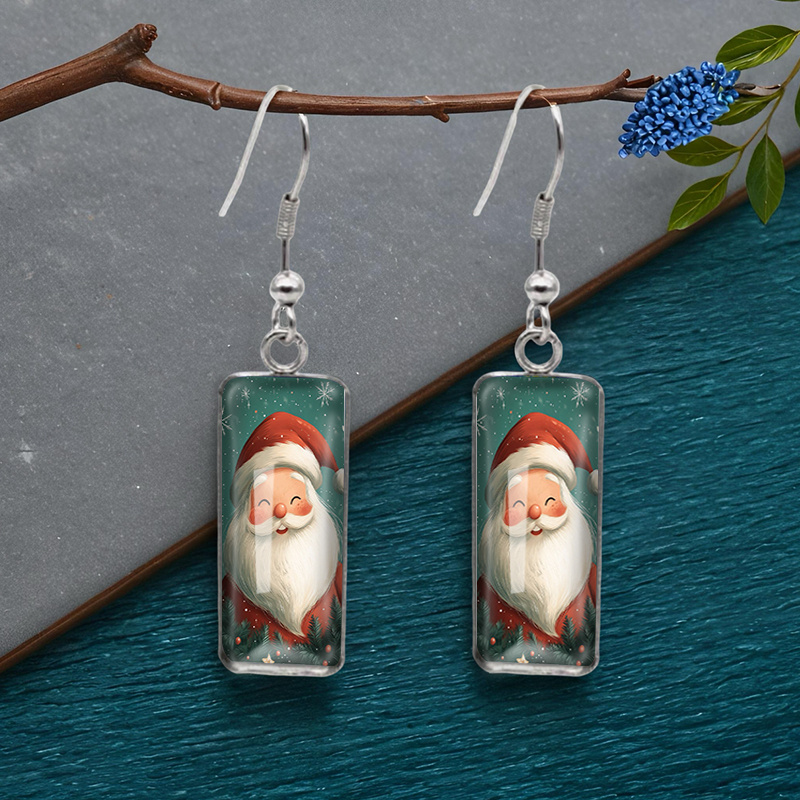 TEMU A Pair Of Stylish Square Earrings Featuring A Santa Claus, Handcrafted From Glass, Without Battery