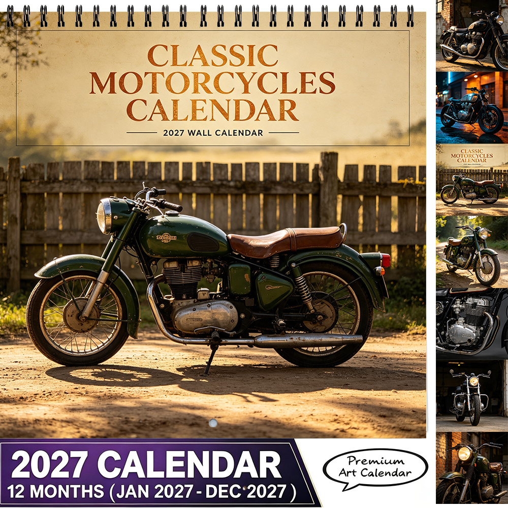 TEMU 2027 Classic Motorcycles Wall Calendar 8.3*8.3 Inch Vintage Motorcycle Themed Hanging Calendar Home Wall Decor Monthly Calendar Christmas Gift