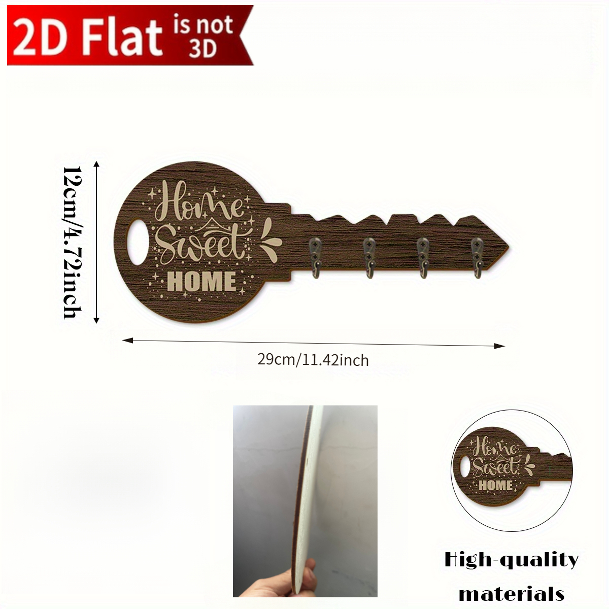 TEMU 2d Flat, Rustic Wooden Wall-mounted Key Holder With " Where The Is" And "walk" Designs - Includes A Hook For Keys, Belts, Hats, Bags - In ,