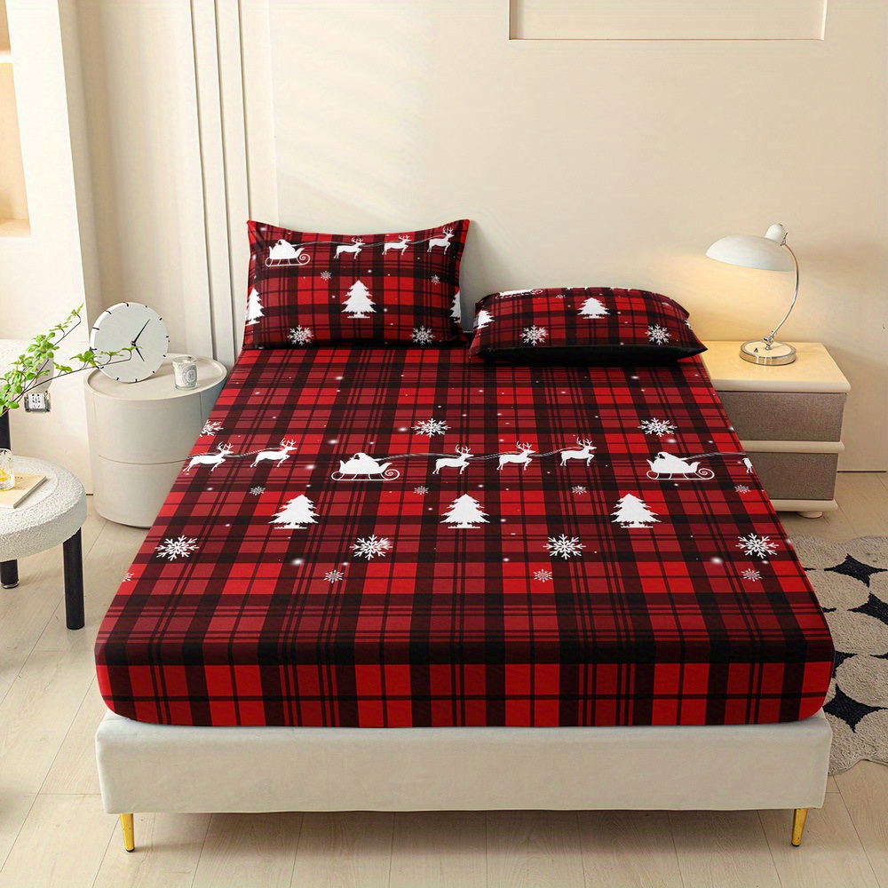 TEMU 3pcs Christmas Gifts Printed Fitted Sheet Set, Queen Mattress Cover, Twin Mattress Protector, King Bedding Set, Polyester Machine Washable,