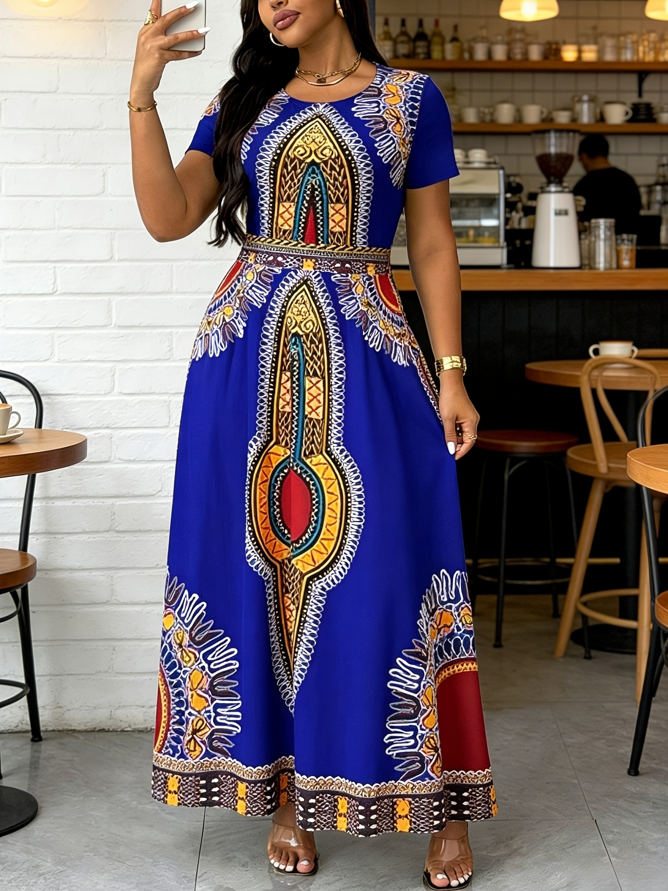 blue and gold african print dress ECOALF Navy Blue Francesca Dress main image 1