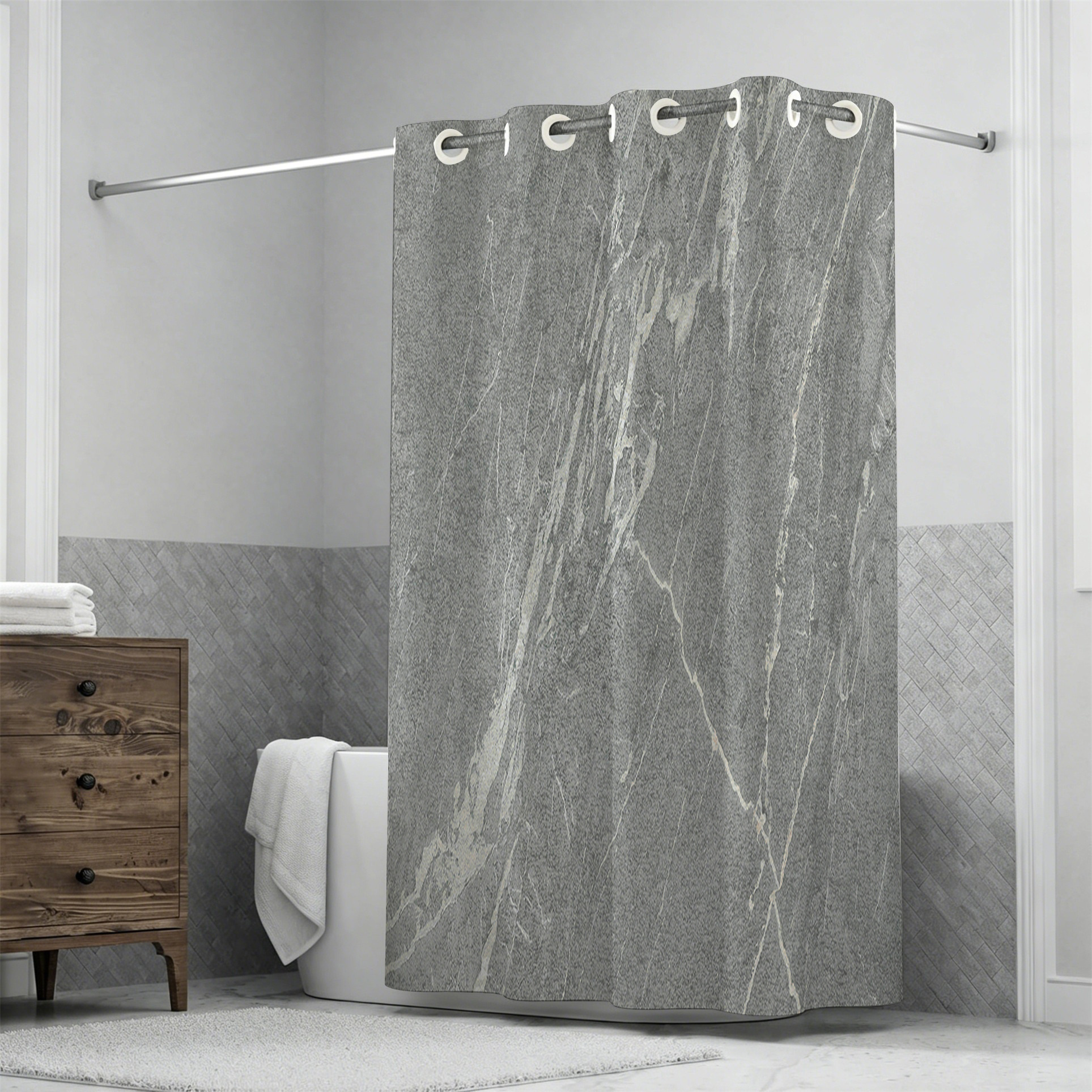 TEMU 1pc Gray Marble Print Bathroom Curtain | Single-layer Large Grommet Shower Curtain | Modern Minimalist Bathroom Partition Curtain For