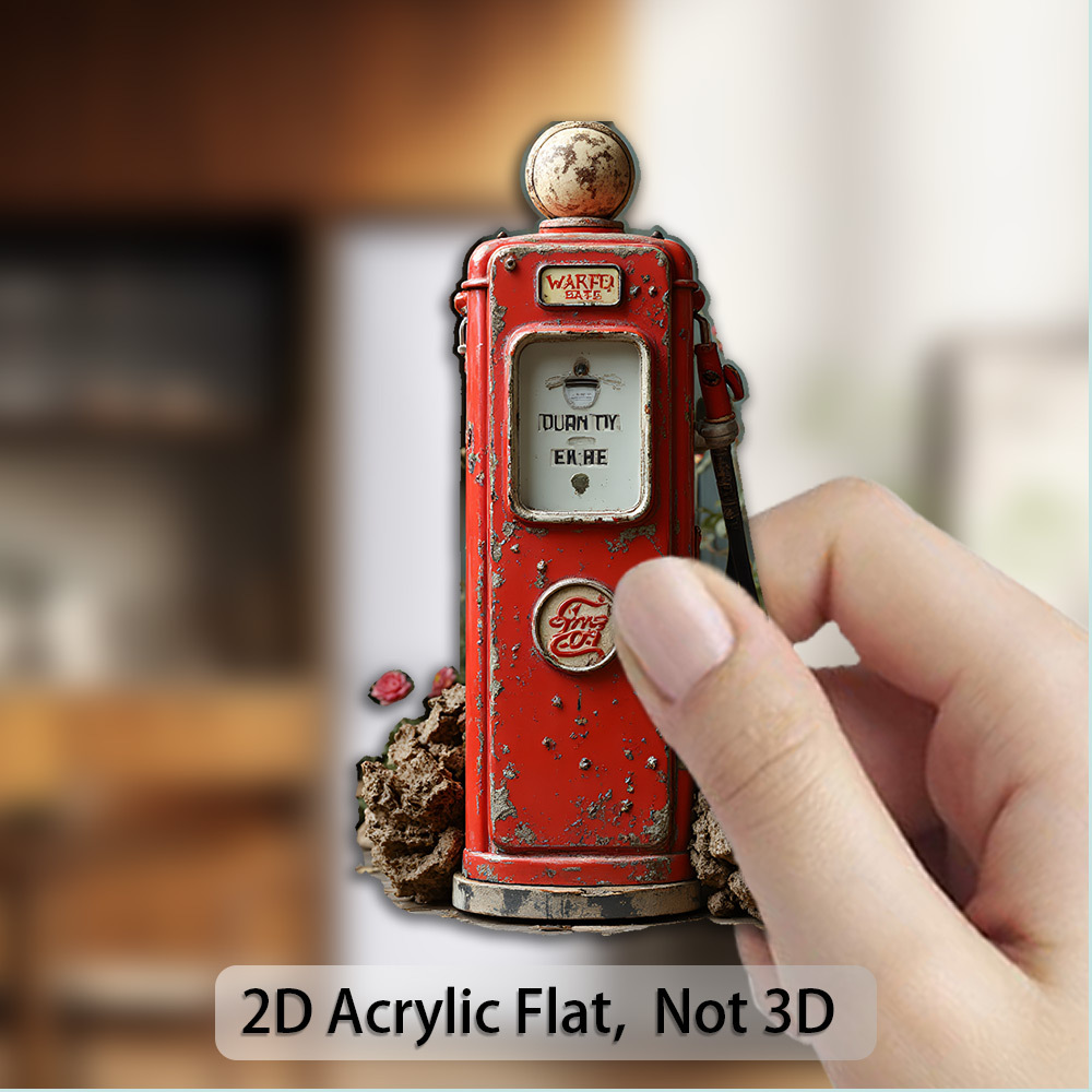 TEMU 2d Flat, 1pc Acrylic Fridge Magnet, Vintage Red Gas Pump With - Nostalgic Scene& Floral Background Suitable For Cars, Motorcycles, Laptops-