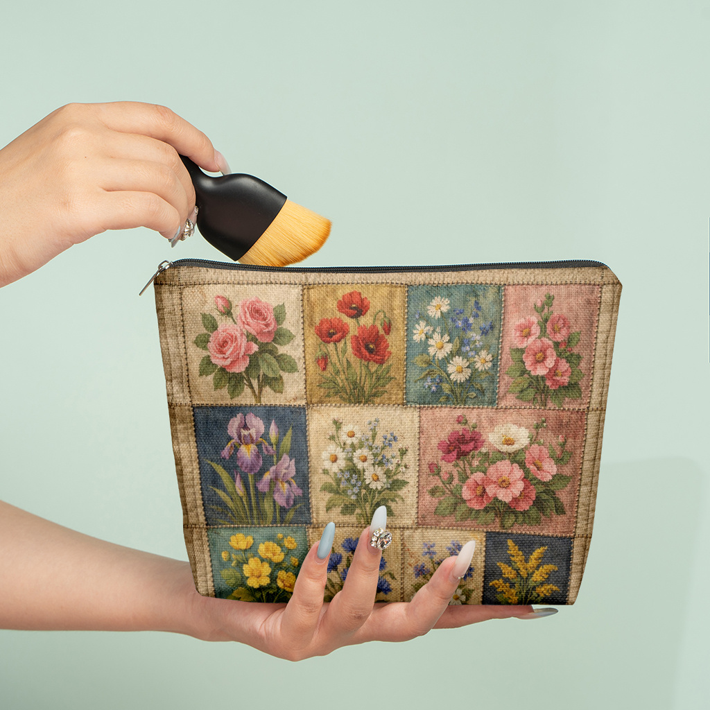 TEMU Trousse de maquillage 1 pièce vintage à carreaux floraux, pochette organisatrice de rangement style peinture à l'huile, matériau imprimé