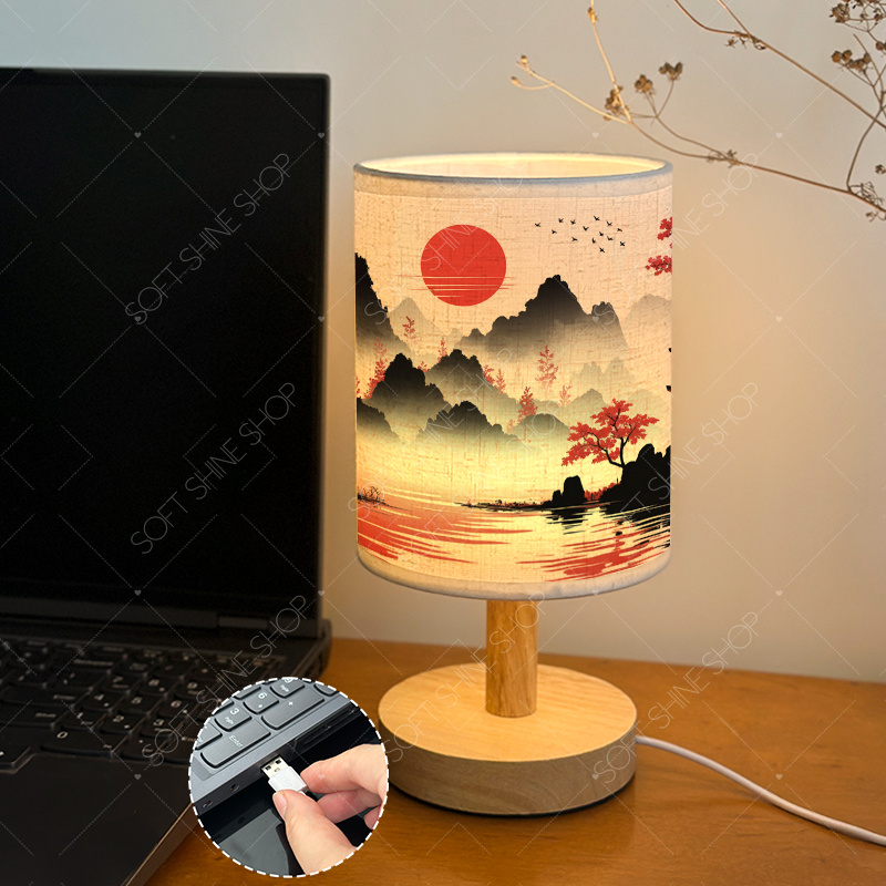 USB-Powered Print Table Lamp with Fabric Shade, Cozy Decor
