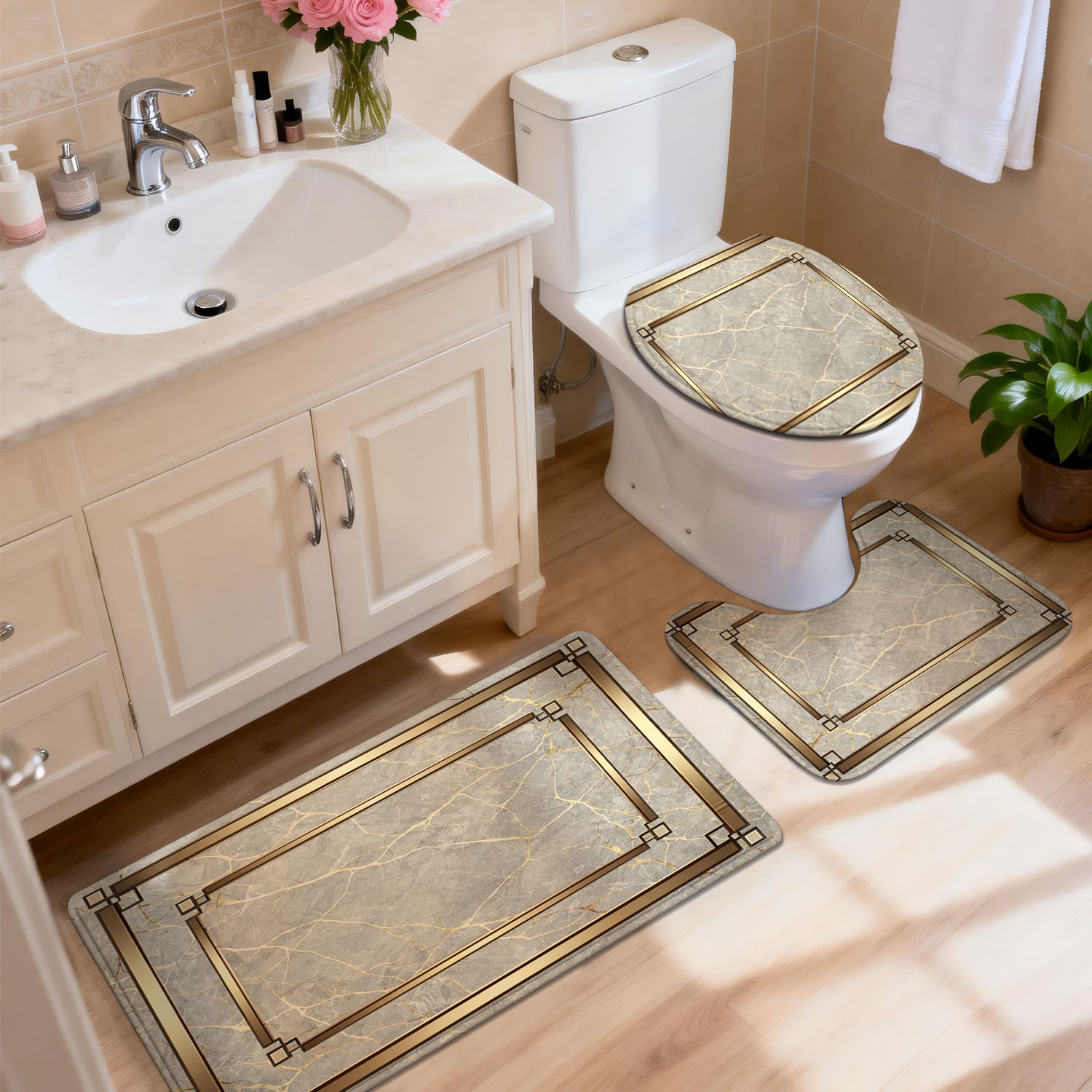 TEMU Tappeto da bagno in da 3/4 pezzi per doccia, WC, della vasca da bagno - Tappeto ispessito ad asciugatura rapida con retro antiscivolo, lavabile