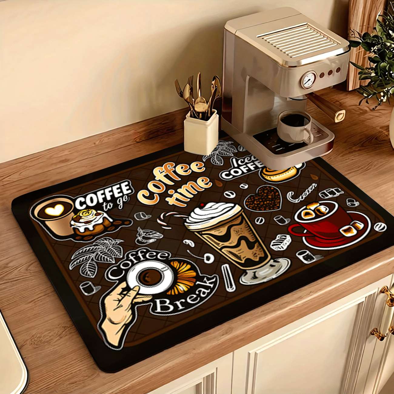 TEMU 1pc Non-slip Quick-dry Absorbent Kitchen Mat Suitable For Coffee Bars, Sink & Countertop - Coffee-themed Sticker With Non-slip Base, Dish Drying