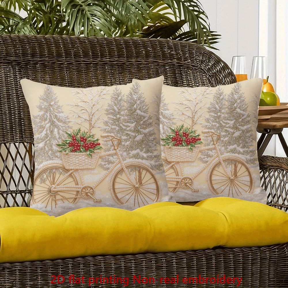 2d flat 2pcs christmas throw pillow sets 2d flat printing non real embroidery bike and holly suitable for home sofa decoration for home additions 18 x 18 inches zipper cushion cover without pillow core