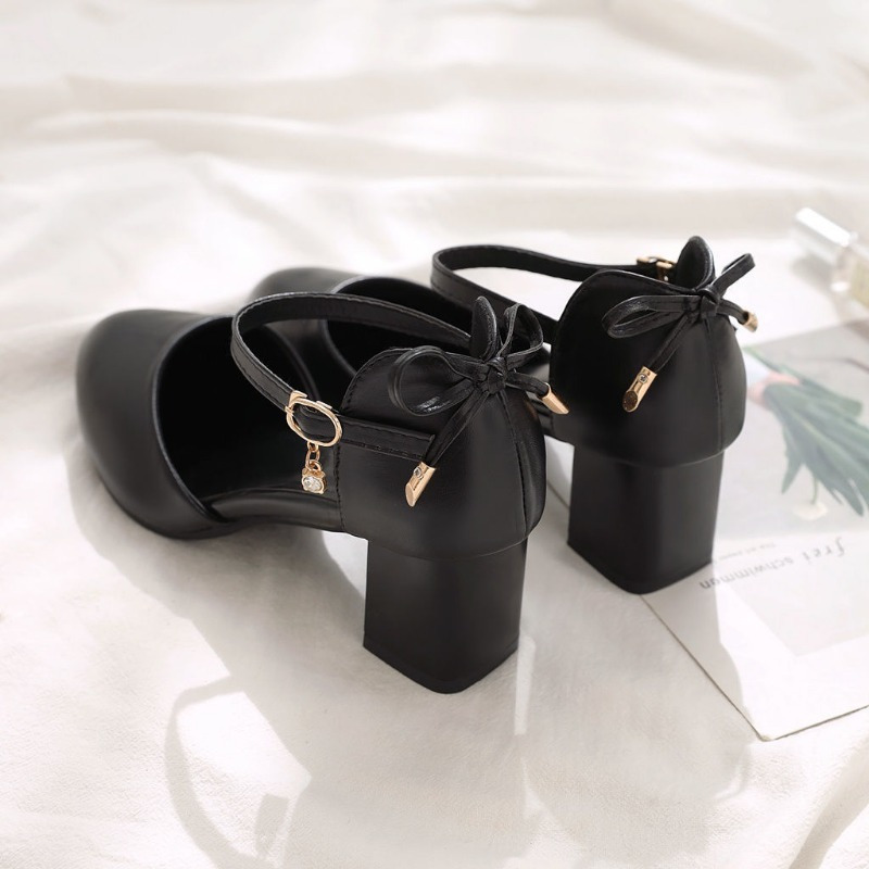 Women'S Elegant French-Inspired Mid-Heel Sandals with Ankle Strap & Bow Detail - Chic Pointed Toe Block Heel Pumps for Spring/Summer, Versatile & Fashionable Hollow Cutouts, Strappy Sandals