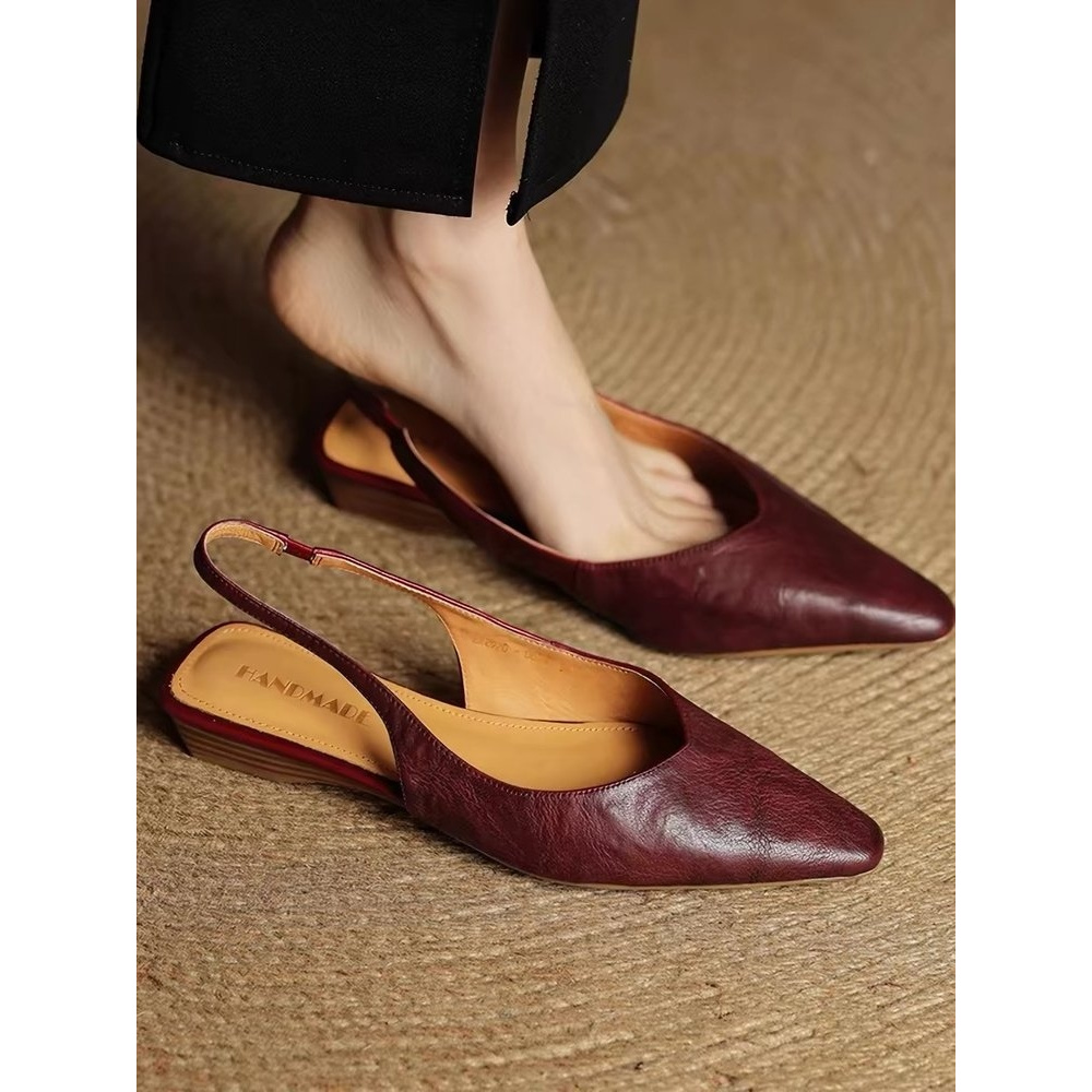 Image of Vintage Soft Slingback Sandals - Women's Pointed Toe Low Wedge Heel Flats, Comfortable Retro Casual Shoes For Everyday , Women Shoes