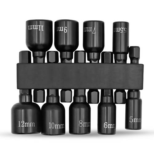 a set of 9 new magnetic nut drivers featuring metric hex socket drill bits with a 1 4 inch hex shank a metal black adapter no non rechargeable sizes ranging from 5mm to 12mm
