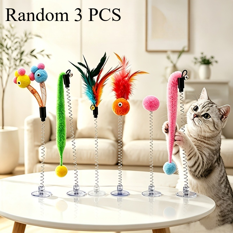 TEMU 3pcs Cat Toys With Spring Base & Suction Cup Ball - Interactive Suitable For All Breeds, Durable Plastic Spring-mounted Toys With Artificial