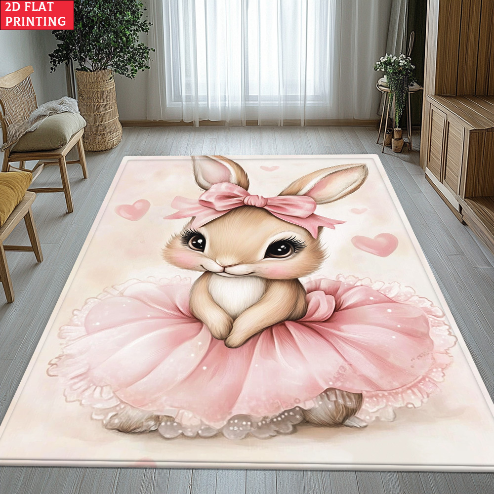 TEMU 850gsm Velvet 2d Flat Bunny With Bow Hd Printed Carpet, Kitchen Rugs, Yoga Mat, Non-slip Bathroom Mats, Absorbent Washable Polyester Rug For