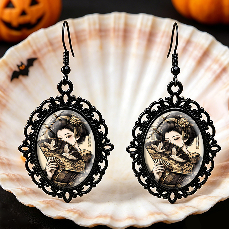 TEMU 1 di orecchini ovali con geisha giapponese e , cabochon in vetro, pizzo , gioielli unisex festivi, idea regalo
