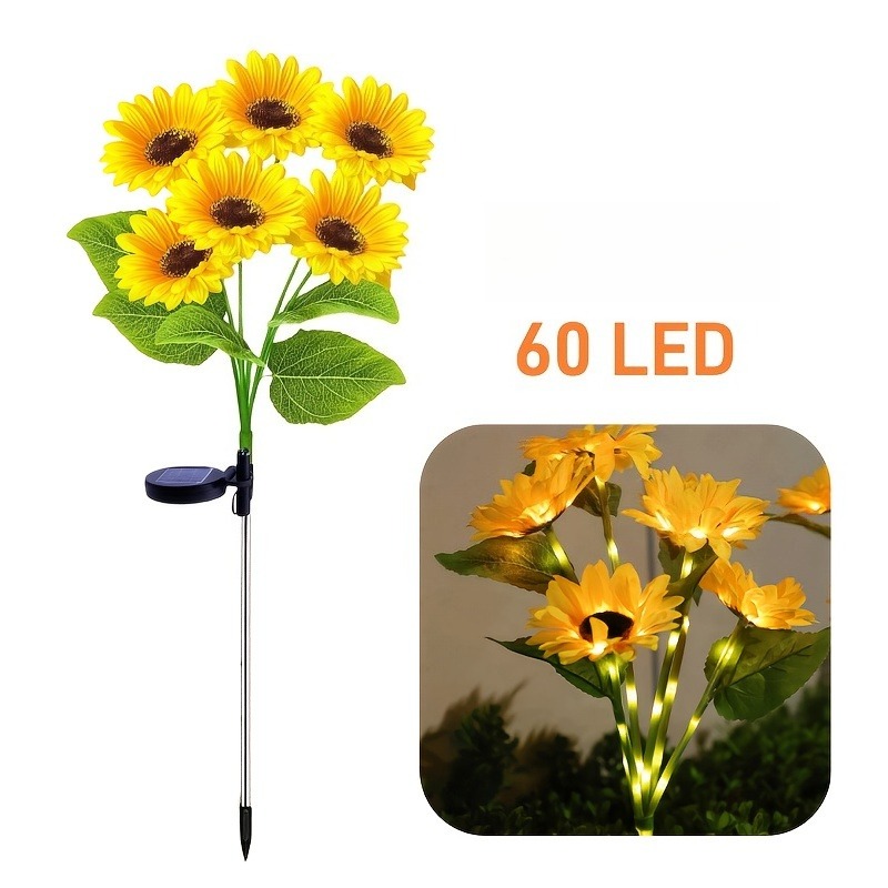 E-shop 6 Sonnenblumen + 60 LED Solar Gartenleuchten - IP65 Solar Blumen Lichterkette, Solarleuchten für den Außenbereich für Partys, Universelle