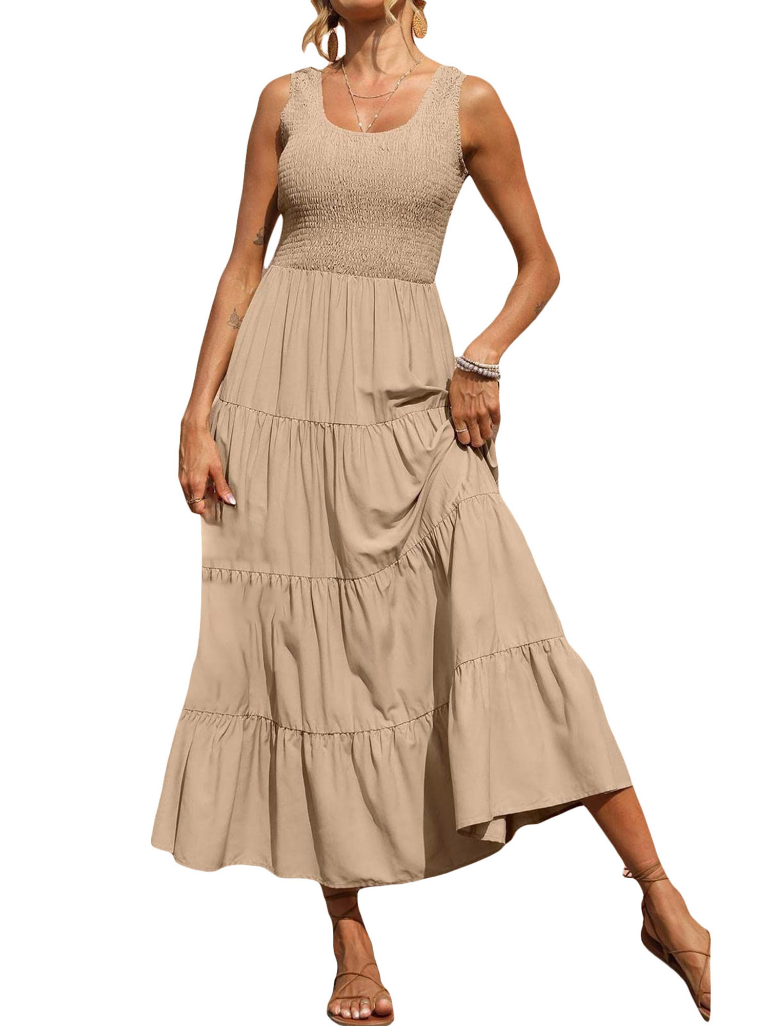 women summer casual long dress solid color ruched u neck - Temu
