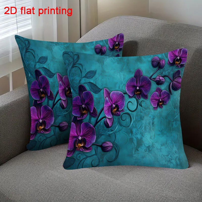 TEMU 2d Flat - 2pcs 2d Flat Floral Throw Pillow Covers - Elegant Purple Orchid Flowers On Teal, Soft Cushion Cases, Contemporary Decorative Square