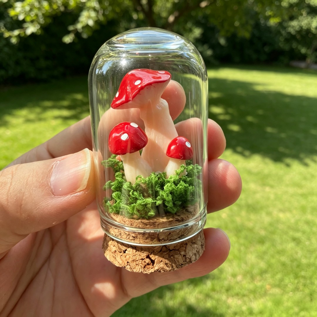 TEMU 1pc Forest Fairycore Mini Red Spotted Mushroom Cloche Glass Jar, Handmade Moss Micro Landscape Desktop Decorative Collectible Figurine