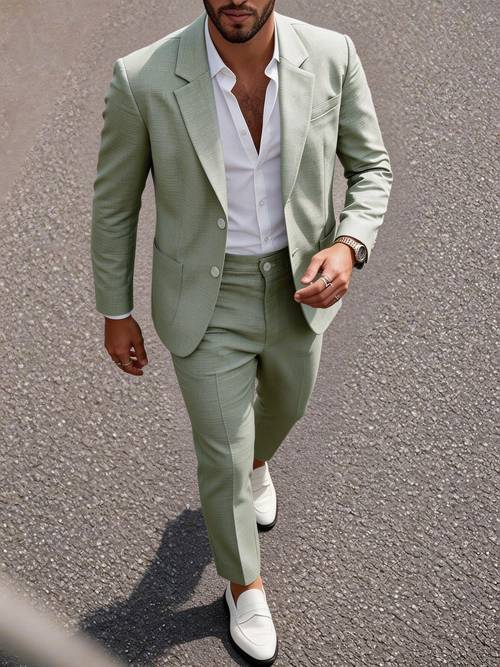 mens elegant wedding 2pcs suit set beige textured fabric with single breasted notched lapel fit trousers tailored silhouette sophisticated end ideal for wedding ceremonies groom attire business meetings